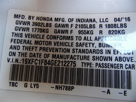 2016 Honda Civic EX-L White Sedan 1.5L Turbo AT #A24914